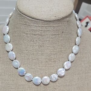 Freshwater Coin Pearl Necklace - White Pearlescent Clasp Stamped 925